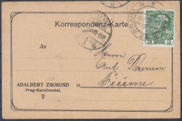 ⁕ Austria 1909 PRAHA ⁕ Adalbert Zikmund, Prag Karolinental To Fiume, Franz Joseph 5 H. Mi.142 Korrespondenz Karte - Cartoline Postali