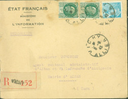 Guerre 40 Enveloppe Etat Français Ministère De L'information Recommandé Vichy YT N°518 Petain X2 + 549 Mercure - 2. Weltkrieg 1939-1945