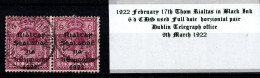 1922 Thom Rialtas In Black Ink 6d CDS Used Horizontal Pair Dublin Telegraph Office 9th March 1922 - Usados