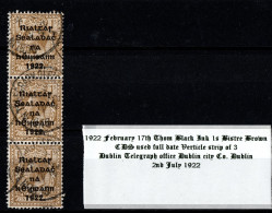 1922 Thom Rialtas In Black Ink 1 / S Bistre Brown Verticle Set Of 3 CDS Used Dublin Telegraph Office 2nd July 1922 - Oblitérés