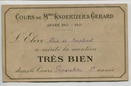 Carton COURS DE Mmes KNOERTZER & GERARD Année 1920/1921 à L'élève Alain De Monplanet - Mention Très Bien - Diplômes & Bulletins Scolaires