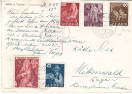 Liechtenstein - Carte Postale De 1955 - Oblit Vaduz - Exp Vers Mittenwald - Armoiries - Valeur 79 €  ( 50 + 29 ) - Covers & Documents