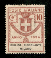 Regno - Servizi - 1924 - 10 Cent Bibliot. Circolanti Milano (14) - Ottimamente Centrato - Gomma Integra - Cert. AG - Autres & Non Classés