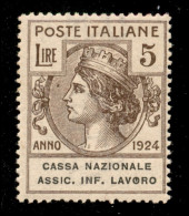 Regno - Servizi - 1924 - 5 Lire Cassa Nazionale Ass. Inf. Lavoro (23) Con Punto Nella O Di Lavoro - Gomma Integra - Non  - Otros & Sin Clasificación