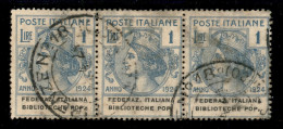 Regno - Servizi - 1924 - 1 Lira Biblioteche Pop. (37) - Striscia Orizzontale Di 3 Usata A Firenze - Non Fresca - Otros & Sin Clasificación