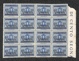 Occupazioni II Guerra Mondiale - Montenegro - 1941 - 10 Cent Segnatasse (6) Blocco Di 16 Bordo Foglio + 20 Cent Segnatas - Other & Unclassified