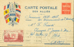 Guerre 14 Carte Postale Des Alliés Drapeaux Franchise Militaire Fausse Semeuse CP FM 20e Anniversaire Armistice - Guerra Del 1914-18