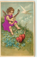 N°17576 - Carte Gaufrée - To My Valentine - Ange Jouant De La Mandoline à Une Colombe- Vêtement Tissu - Valentine's Day