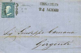 SICILIA - Tipologia: B - Da Messina A Girgenti Del 24.8.1859 Con Gr.2 III Tav. C.Napoli Azzurro Intenso N.15a - Sassone  - Sicile