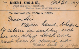 POST CARD OCT 1884    BUCKOLL KING & CO - FRUIT AND POTATO MERCHANTS  MARKET PLACE NOTTINGHAM     2 SCANS - Nottingham