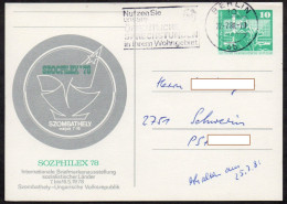 DDR 1978 Privatganzsache  "Sozphilex '78  Szombathely"  Bedarfsgebraucht - Cartes Postales Privées - Oblitérées