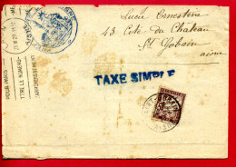 1927 - Lettre De La Préfecture De L'Aisne Pour Saint Gobain - Non Affranchie - Taxe Simple 50ct N° 37 - Civil Frank Covers