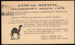 ETATS UNIS(1927) Elections Au Temple Maçonnique. Dromadaire. Entier Publicitaire à 1 Cent. "Hagerstown Shrine Club." - 1921-40