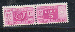 ITALIA REPUBBLICA ITALY REPUBLIC 1946 1951 PACCHI POSTALI PARCEL POST RUOTA WHEEL 1947 LIRE 5 MNH - Postpaketten