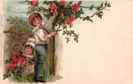 Couple D'Enfants, La Taille Des Rosiers - Lithographie, Verlag Schmidt Rockar & Co. Hannover - Carte Dos Simple - Scènes & Paysages