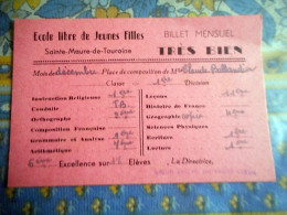 BILLET MENSUEL ECOLE LIBRE DE JEUNES FILLES SAINTE MAURE DE TOURAINE - Diplômes & Bulletins Scolaires