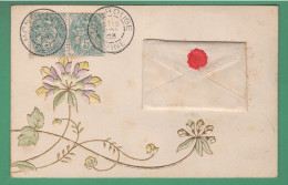 CPA Gaufrée Avec Fleur En Relief Et Petite Enveloppe Collé Dessus 1903 - Anniversaire