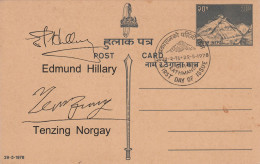 Mt. Everest Silver Jubilee Stationary Post Card Nepal First Day 1978 Hillary Tenzing Signature Imprint - Montagnes