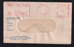 Australia 1950 Meter Cover 3p SYDNEY Advertising Make Your Plans For All Electric - Storia Postale