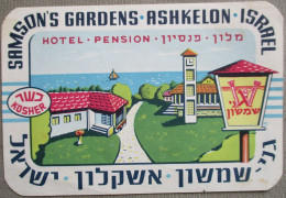 HOTEL MOTEL PENSION ASHKELON SAMSONS GARDENS VINTAGE OLD ISRAEL TAG STICKER DECAL LUGGAGE LABEL ETIQUETTE AUFKLEBER - Etiquettes D'hotels