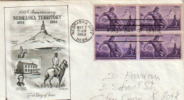 Chimney Rock National Site. Nebraska Territory Centennial 1854-1954. FDC Nebraska City 1954.Block Of Four - Indianen