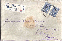 GRECE N° 185x2 S/L. REC. DE ATHENES / 1920  POUR LA FRANCE - Lettres & Documents