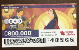 116 G, 1 X Lottery Ticket, Portugal, « Alma Portuguesa »,« Portuguese Soul » « Fado », « Songs », « Guitar », 2023 - Billetes De Lotería