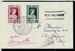 Carton Avec N° 863/4  Obl. 1951 - Griffe ( VOIE INCONNUE + Retour à L'envoyeur ) - Griffes Linéaires