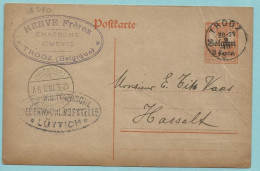 Postkaart 8c, Afst. TROOZ 08/03/1918 Naar HASSELT (BELGIEN) 12/03/1918 + Censuur LUTTICH + Tekst Verso ... VICINAL - Ocupación Alemana