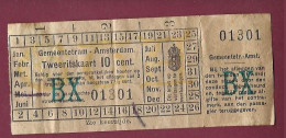 301223 - TICKET CHEMIN DE FER TRAM METRO - PAYS BAS HOLLANDE GEMEENTETRAM AMSTERDAM BX 01301 10 Cent. - Europe