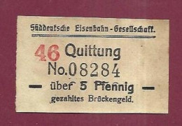 301223 - TICKET CHEMIN DE FER TRAM METRO - ALLEMAGNE Eisenbahn Gesellschaff 46 Quittung N°08284 über 5 Pfg - Europe