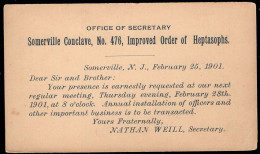 U.S.A.(1901) Heptasophs. Postal Card With Printed Notice On Back Of Meeting Of Somerville Conclave, No. 476, Improved Or - 1901-20