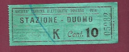 301223A - TICKET CHEMIN DE FER TRAM METRO - ITALIE SOCIETA ANONIMA ELETTRICITA Toscana - Pisa Stazione Duomo K 10 Cent  - Europe