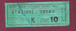 301223A - TICKET CHEMIN DE FER TRAM METRO - ITALIE SOCIETA ANONIMA ELETTRICITA Toscana - Pisa Stazione Duomo K 10 Cent  - Europa