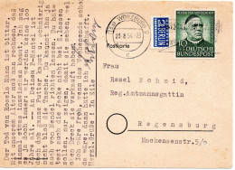 61393 - Bund - 1954 - 10Pfg WoFa '53 EF A Kte WUERZBURG -> Regensburg - Brieven En Documenten