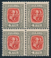 Iceland Islande Island 1907: 4 Aur Grey/red Double Heads, Fine Mint NH Block/4, Facit 78 (DCIS00011) - Neufs