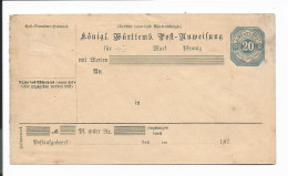 Württemberg AU 26 III - 20 Pf  Ziffer Postanweisungs-Umschlag  - Autres & Non Classés