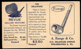 U.S.A.(1920) Pipe. Tobacco. Postal Card With Illustrated Ad For Revue Deluxe Mixture And "The Delaware" Pipe. A. Runge C - 1901-20