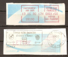 France 1990 - Petit Lot De 2 Vignettes ATM Type Comète - Forcy - Chateauneuf Sur Cher - Sur Fragments - 1988 « Comète »