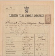 BOSNIEN  --   VELIKA GIMNAZIJA SARAJEVO  --   SVJEDODZBA, SCHOOL REPORTS  --   1898   /   WITH TAX STAMP 10 NOVCICA - Diplômes & Bulletins Scolaires