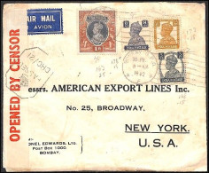 1942 India - USA, Airmail Censored Letter Sent To New York. - 1936-47 King George VI