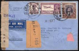 1943 India, Delhi - USA, Airmail, Registered, Censored - 1936-47 Roi Georges VI