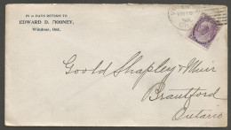 1899 Corner Card Cover 2c Numeral Duplex Windsor Ontario To Brantford - Postal History