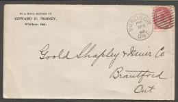 1899 Corner Card Cover 2c Numeral Duplex Windsor Ontario To Brantford - Storia Postale