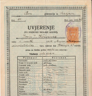 BOSNIEN  -   PRVA GIMNAZIJA SARAJEVO  -  UVJERENJE, SCHOOL REPORTS  -  1925   /   WITH TAX STAMP  5 DINARA  SHS - Diplômes & Bulletins Scolaires