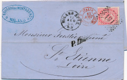 1869 40 C Rose LAC Milano Staz Via Lanslebourg  à Saint-Etienne TB. - Entry Postmarks