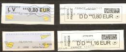 France -  Petit Lot De 4 Vignettes ATM Type Avions En Papier - Lettres Vertes - 3 DD + 1 LV - 2 QR Codes - 2000 « Avions En Papier »