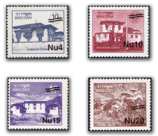 BHUTAN 2002 Tibetian Buddhism,Dzong,Monastery,Fort,Tibet, Overprint, Surcharged, 4v Stamps, Set MNH (**)  VERY RARE - Bhoutan