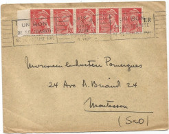 MERCURE 30C POSTES BANDE DE 5 BDF LETTRE MEC PARIS 1943 AU TARIF - 1938-42 Mercurius