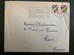 LETTRE Pour La TUNISIE (AMBASSADEUR DE FRANCE) TP ALGER 15F Paire OBL.MEC.22-9 1959 ANTIBES (06) - 1941-66 Coat Of Arms And Heraldry